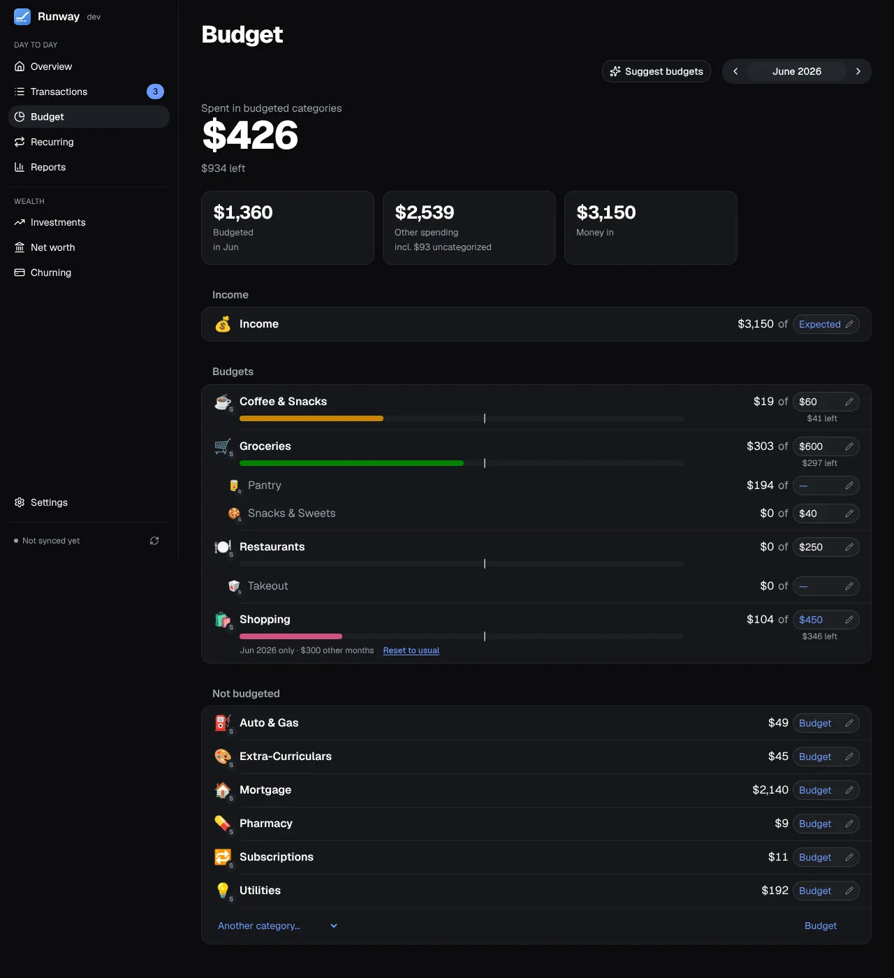 Runway’s Budget page on a desktop: each category’s budget for the month and how much of it is spent