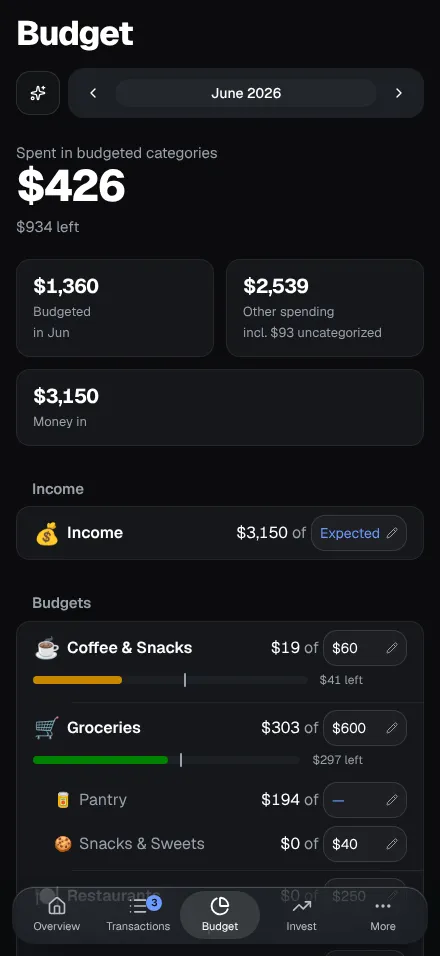 The Budget page on a phone