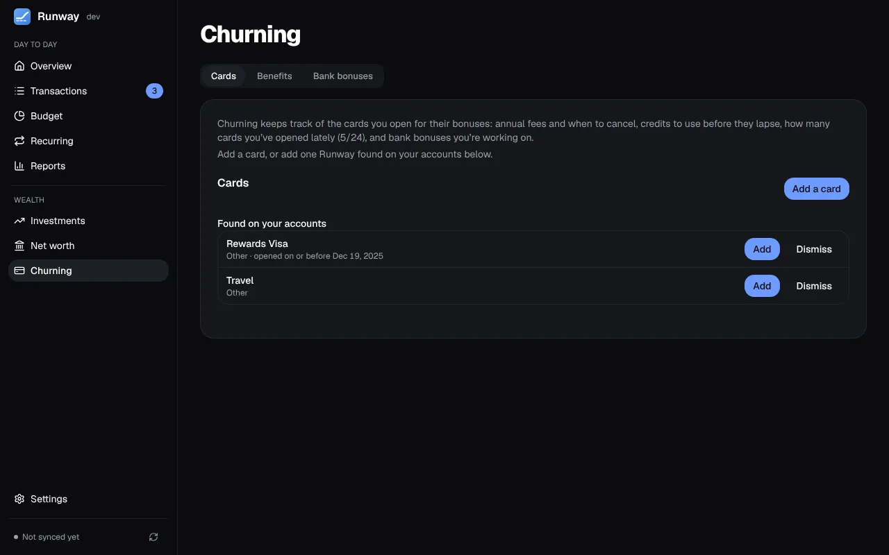 Runway’s Churning page on a desktop: the 5/24, annual fee and bonus tiles over the Overview tab