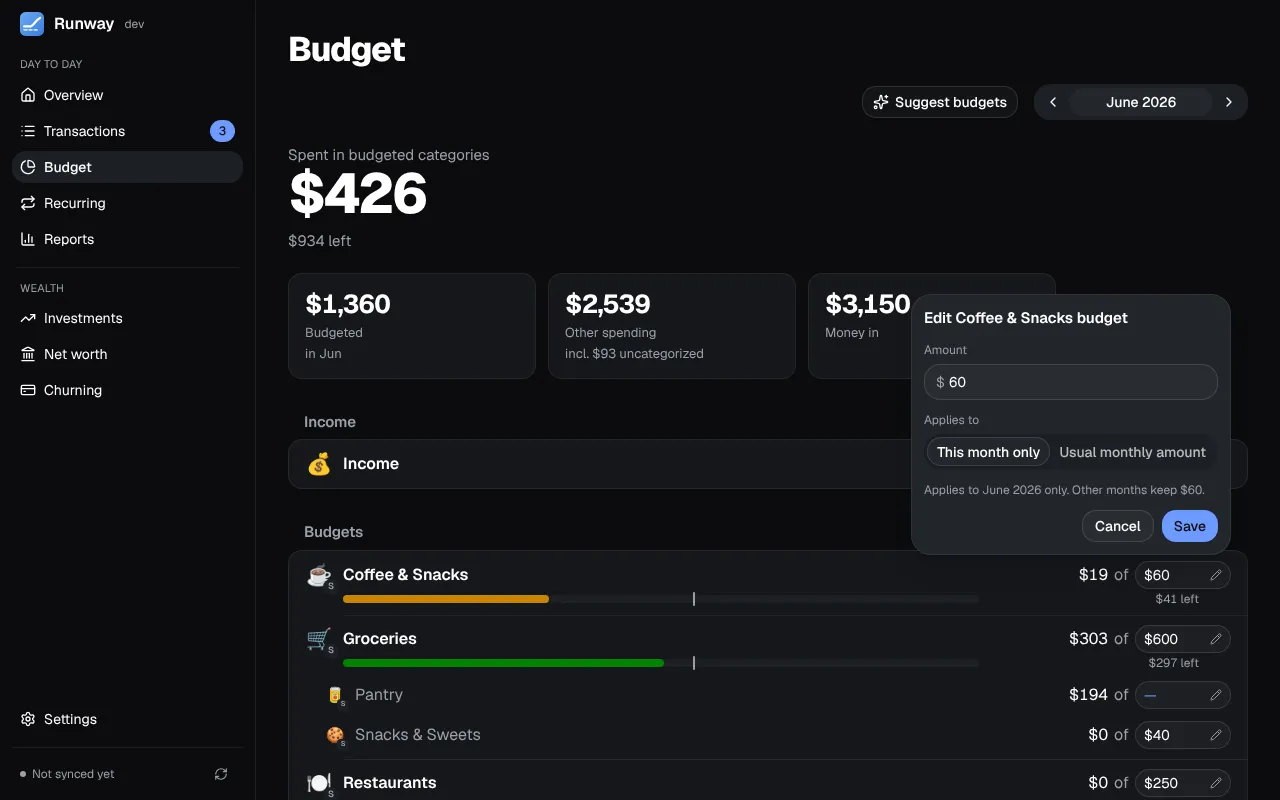Editing a budget: the amount and whether it’s for this month only