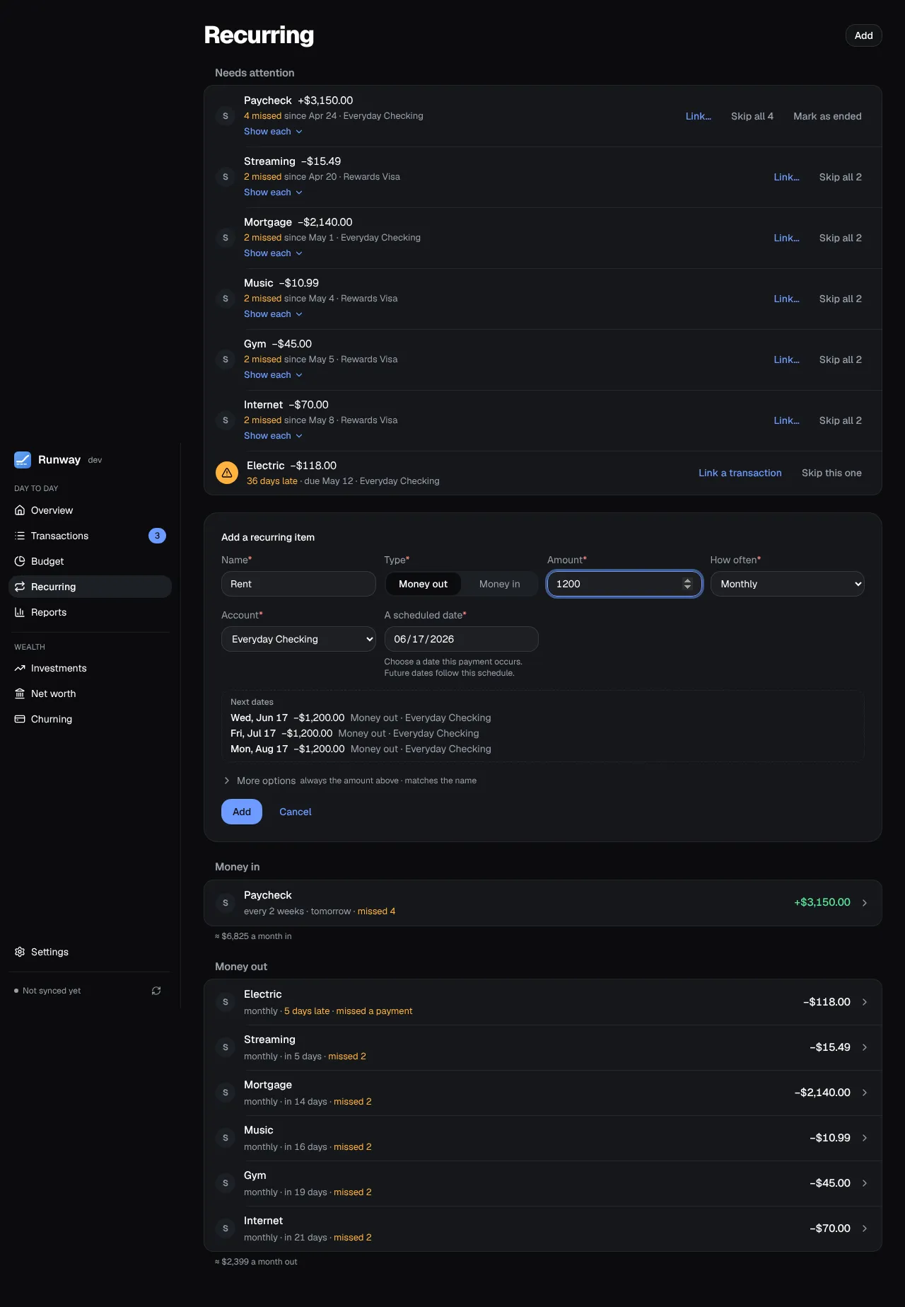 Adding a recurring item, with the preview of its next dates