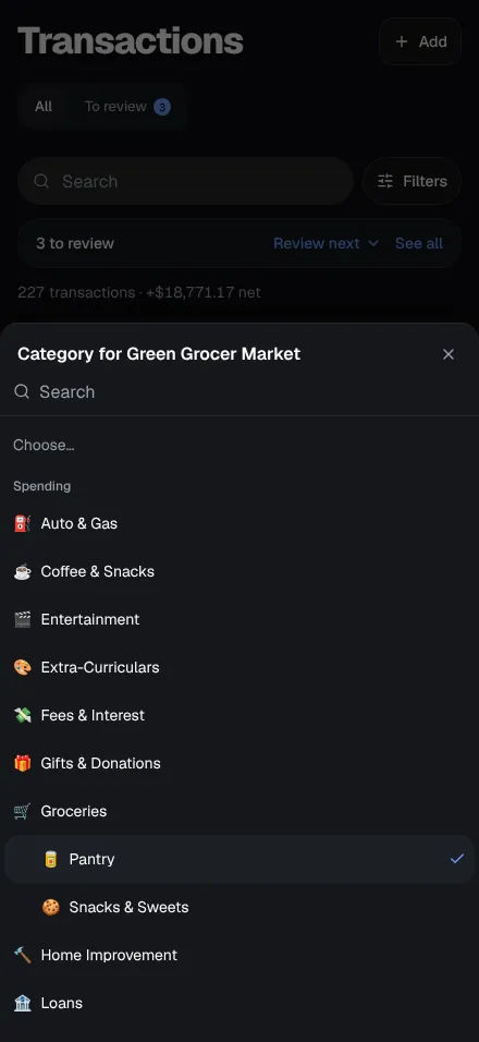 The category picker open on a phone