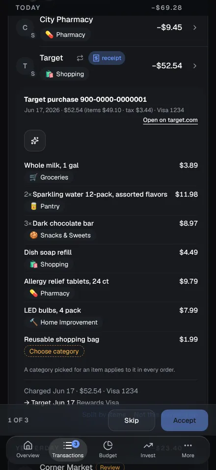 A receipt open on a phone, listing the order’s items