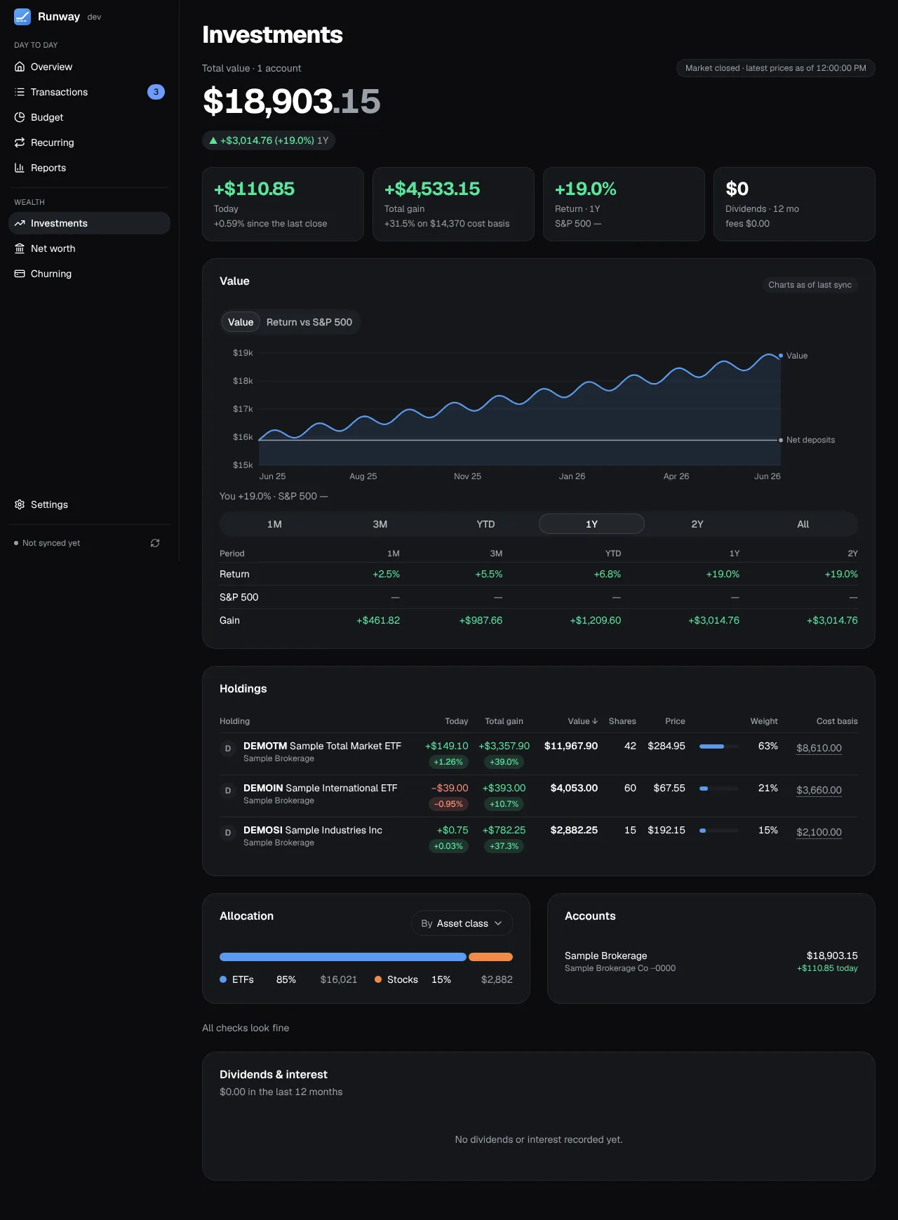 Runway’s Investments page on a desktop: the headline, the chart, and the holdings table