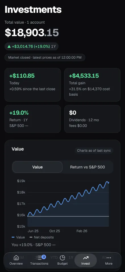 The Investments page on a phone