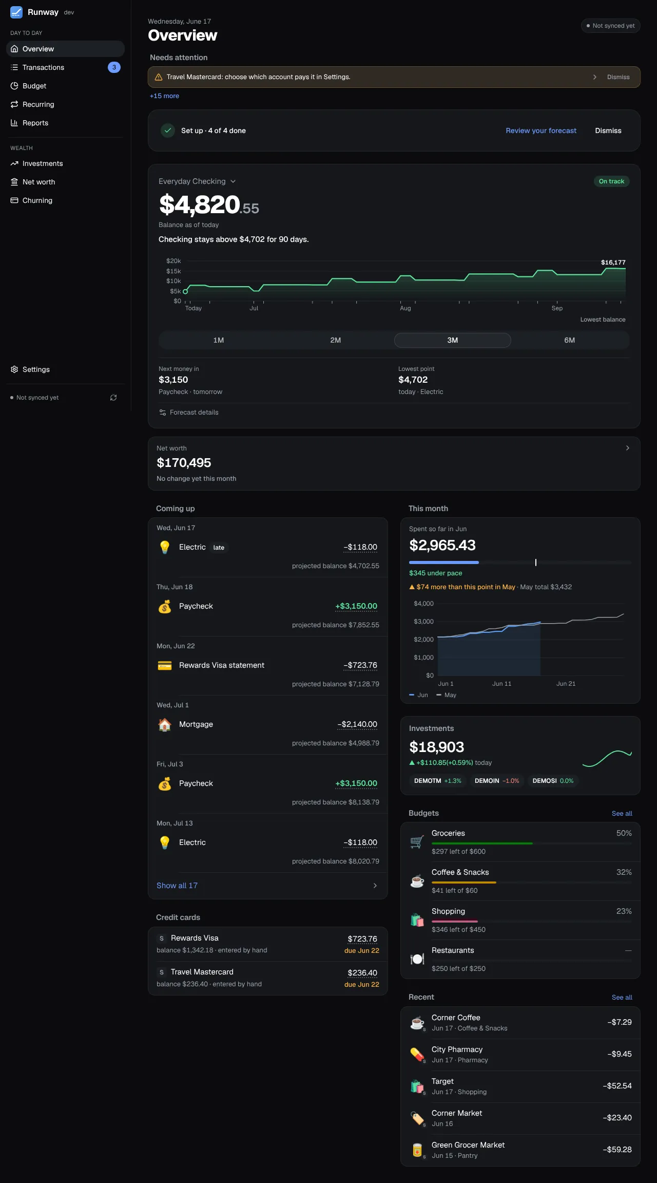 Runway’s Overview page on a desktop: the checking balance, the 90-day forecast chart, what’s coming up, this month’s spending, investments and budgets