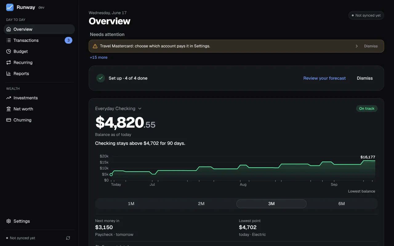 Runway's Overview page: an “On track” status for the forecast account, its balance, the projected balance chart over the next 90 days and what's coming up