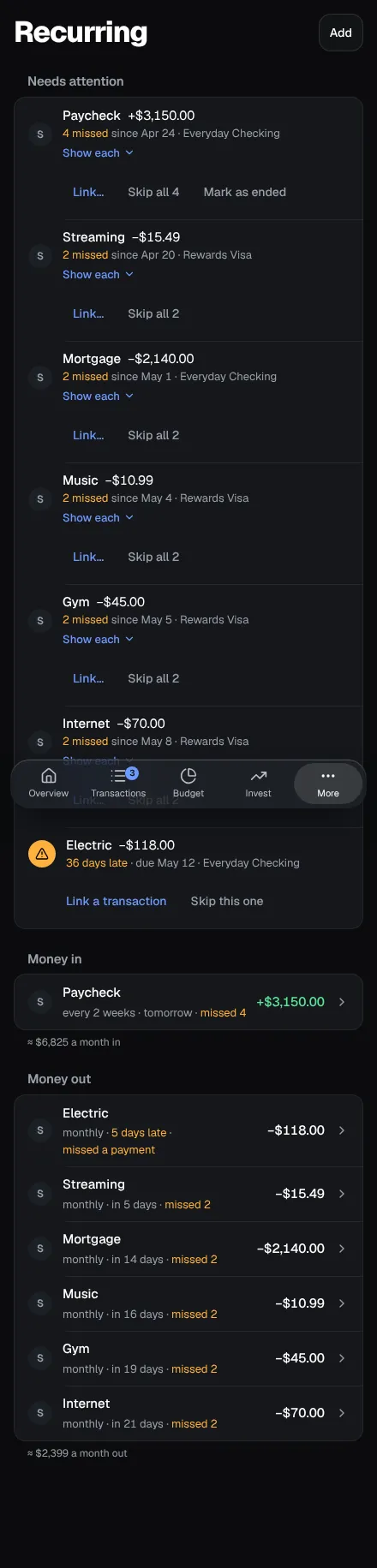 Runway’s Recurring page on a phone: the recurring bills and paychecks and when each is next due