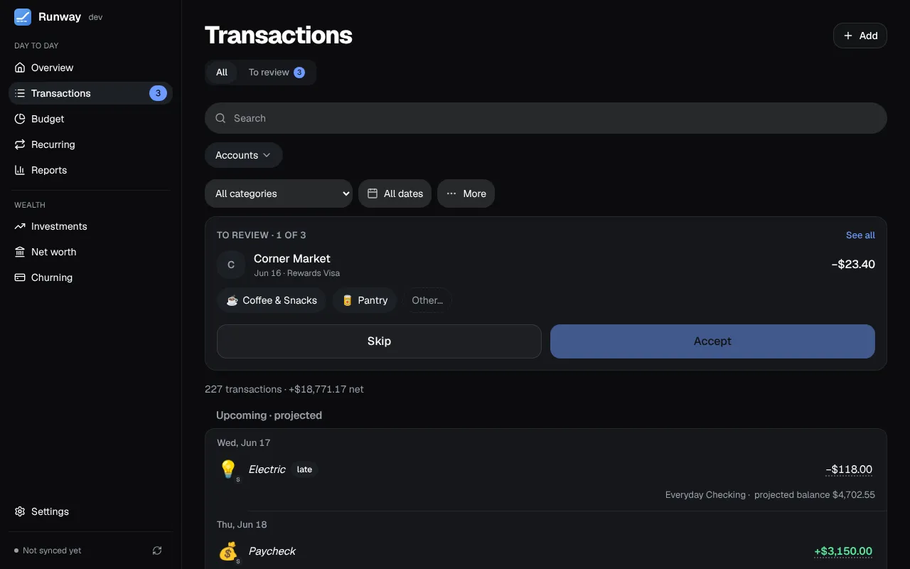 Runway’s Transactions page on a desktop: the filters, a transaction waiting for review, the projected upcoming ones and the list by day