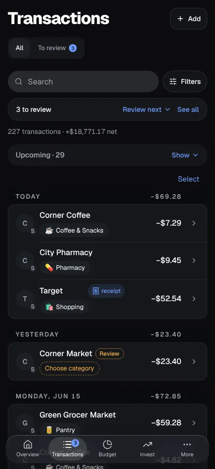 The Transactions page on a phone